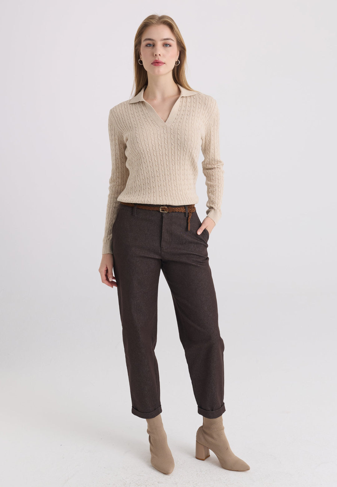 Felix Hardy Pull tricot à col polo pour femme - Beige