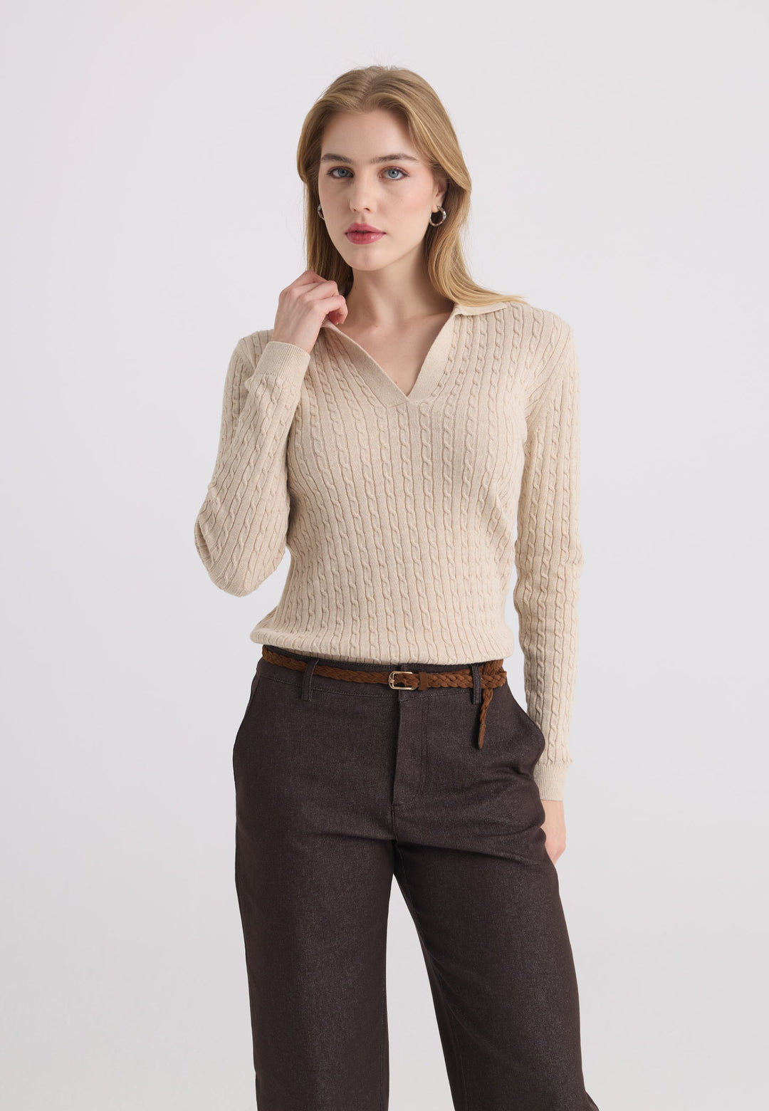 Felix Hardy Pull tricot à col polo pour femme - Beige