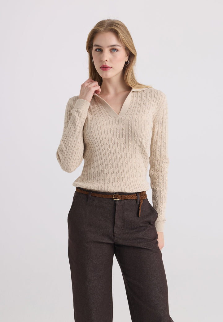 Felix Hardy Pull tricot à col polo pour femme - Beige