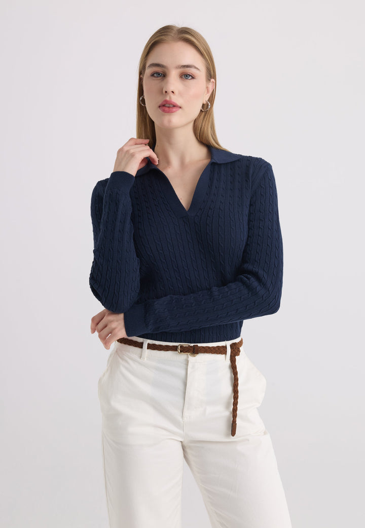 Felix Hardy Pull tricot à col polo pour femme - Bleu marine