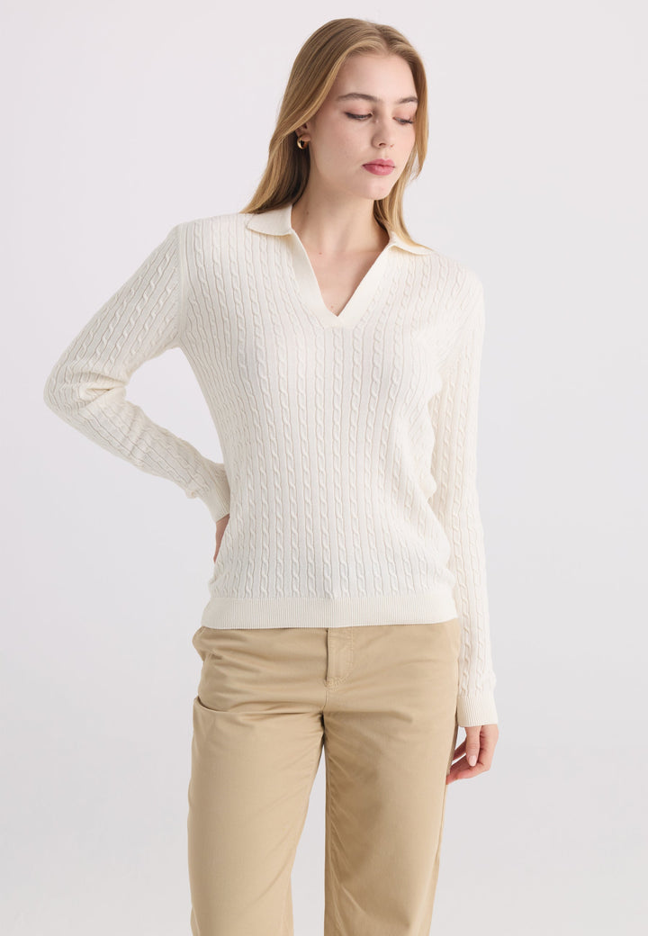 Felix Hardy Pull tricot à col polo pour femme - Écru