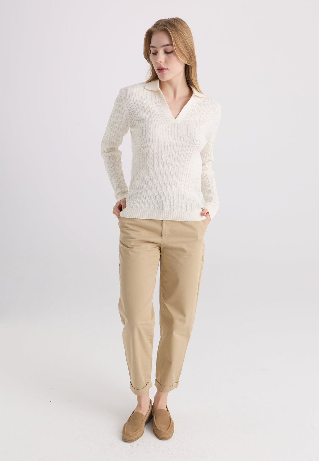 Felix Hardy Pull tricot à col polo pour femme - Écru