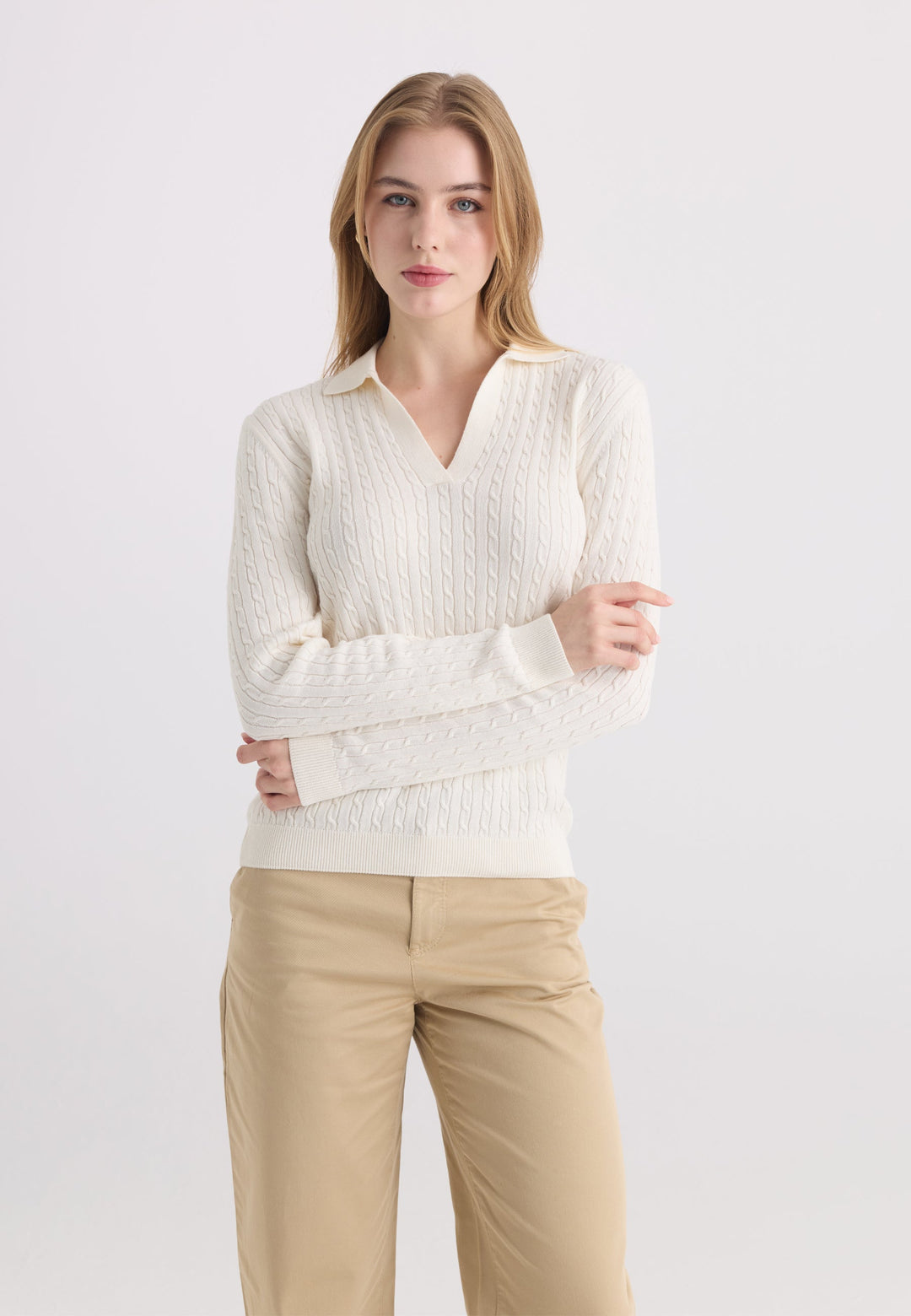 Felix Hardy Pull tricot à col polo pour femme - Écru