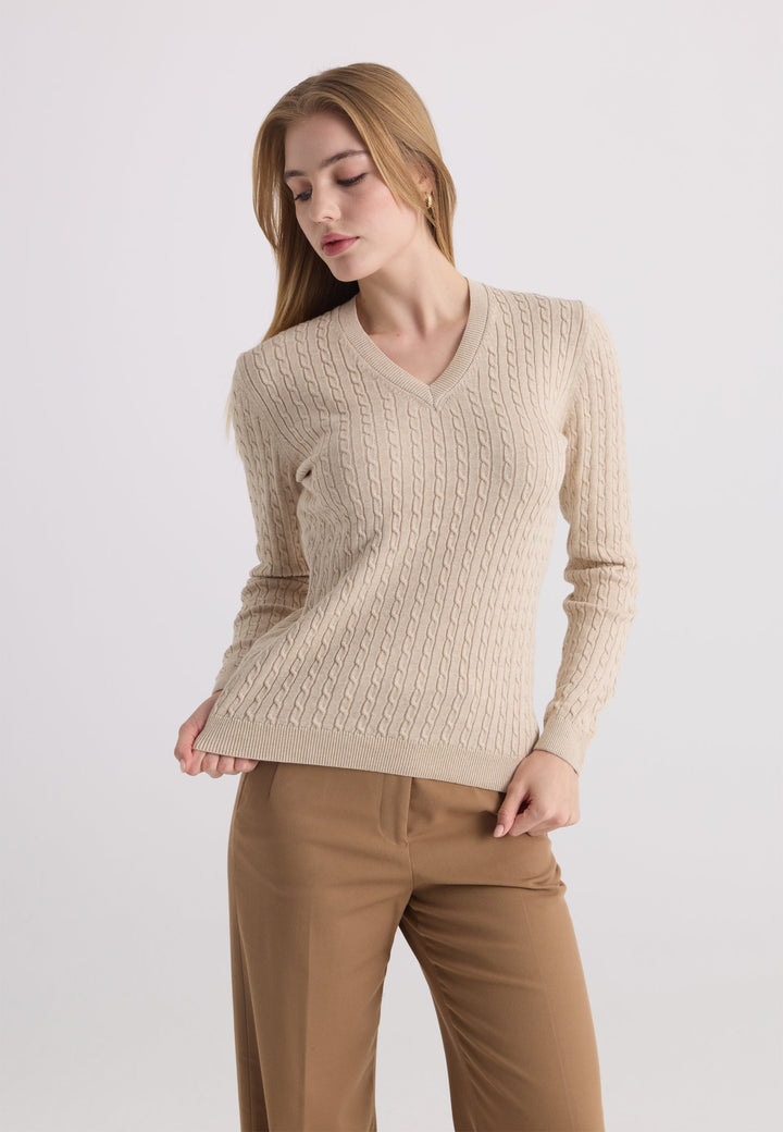 Felix Hardy Pull tricot à col en V pour femme - Beige