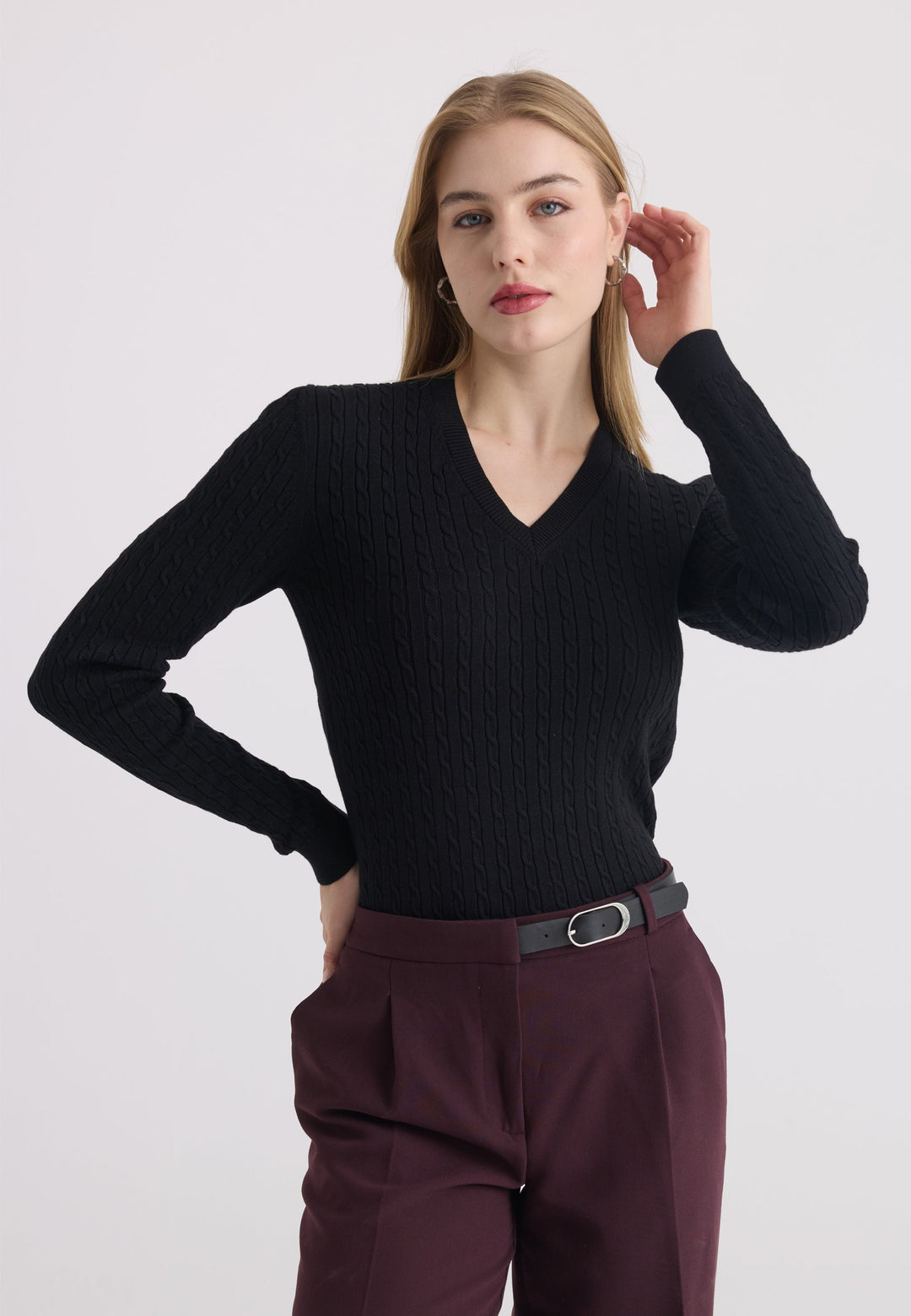 Felix Hardy Pull tricot à col en V pour femme - Noir
