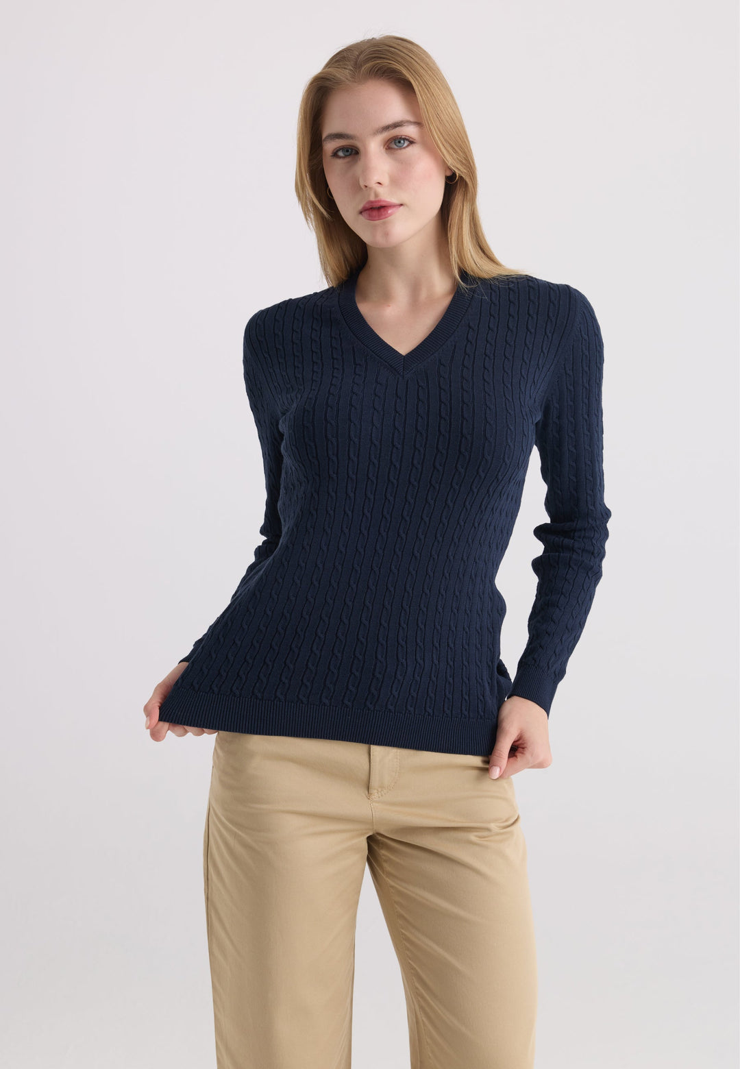 Felix Hardy Pull tricot à col en V pour femme - Bleu marine