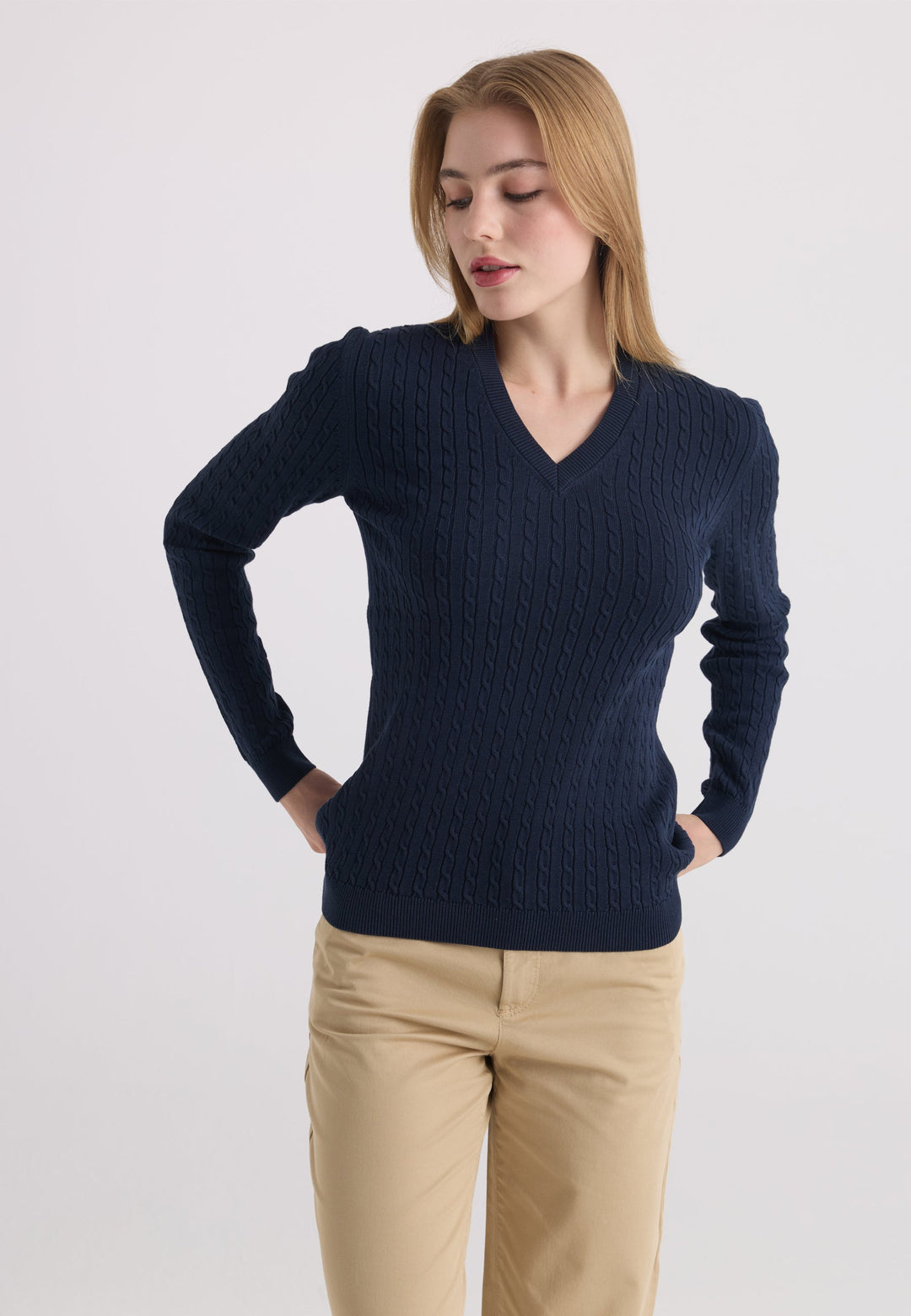 Felix Hardy Pull tricot à col en V pour femme - Bleu marine