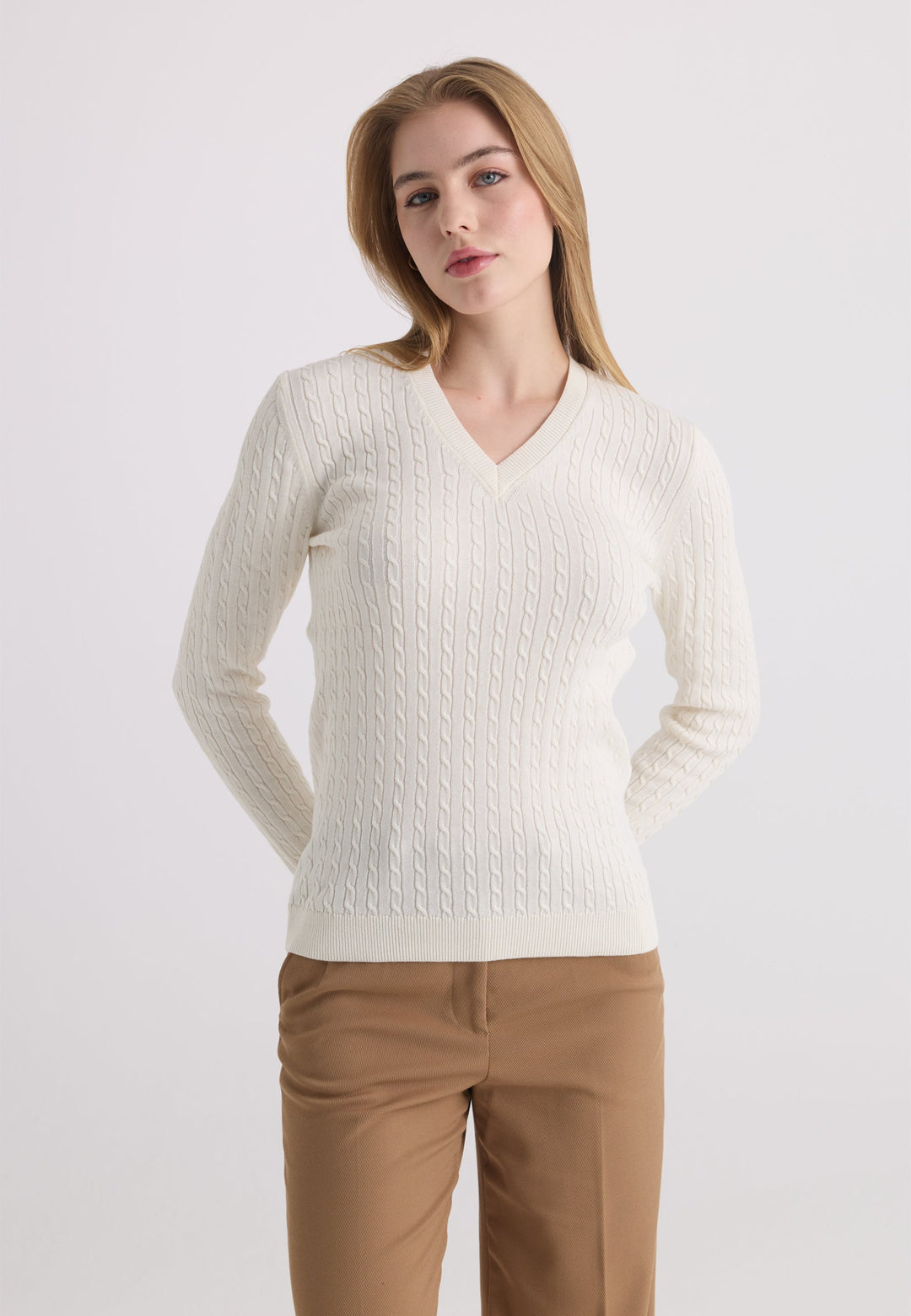 Felix Hardy Pull tricot à col en V pour femme - Écru