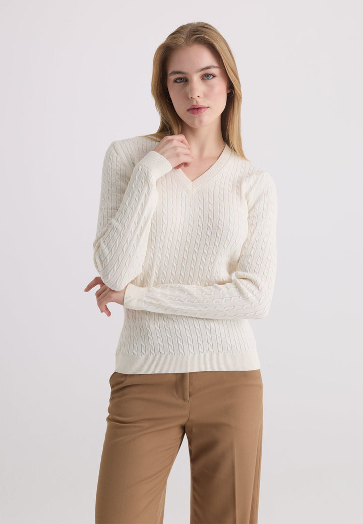 Felix Hardy Pull tricot à col en V pour femme - Écru