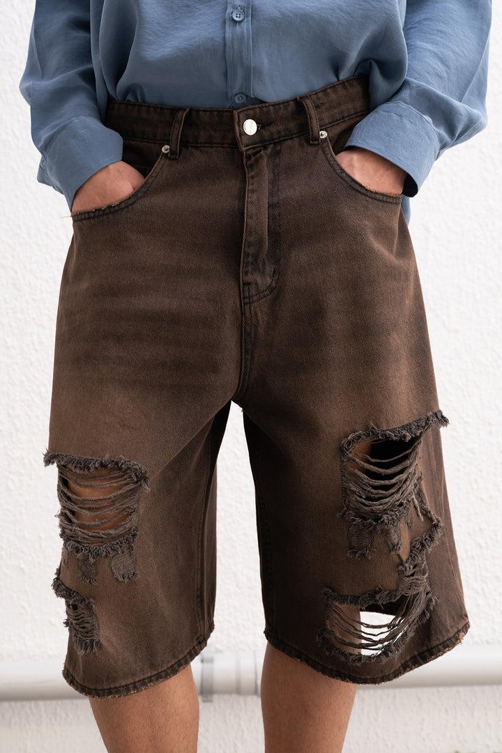 Giesto Short Jean Marron Déchiré - Marron