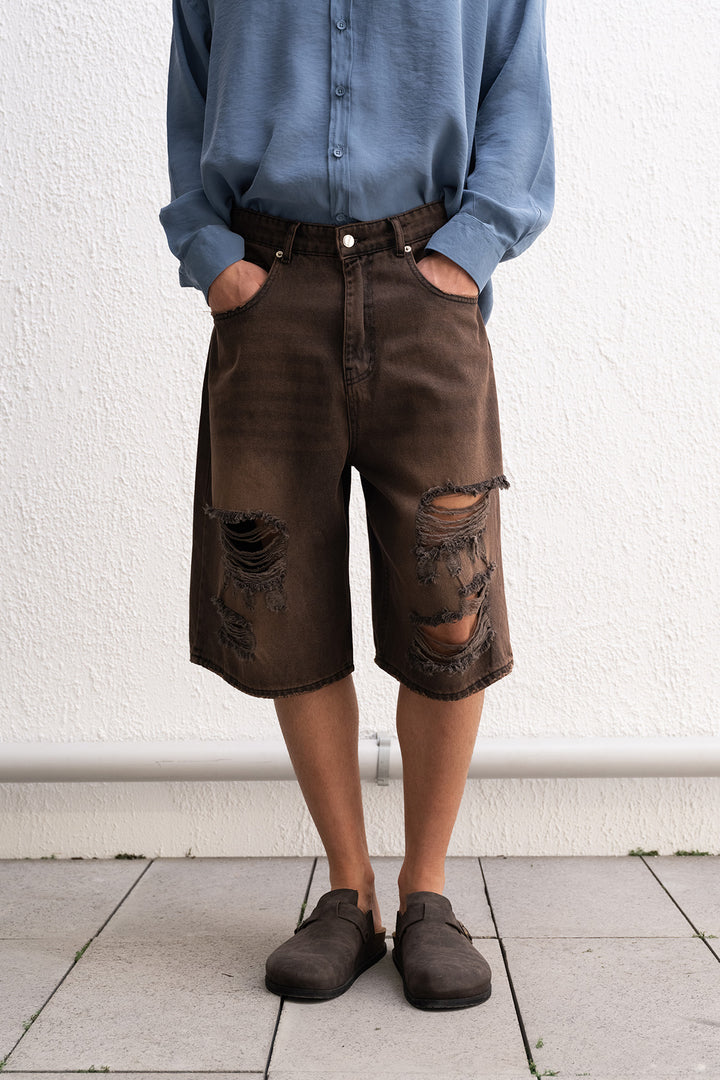 Giesto Short Jean Marron Déchiré - Marron