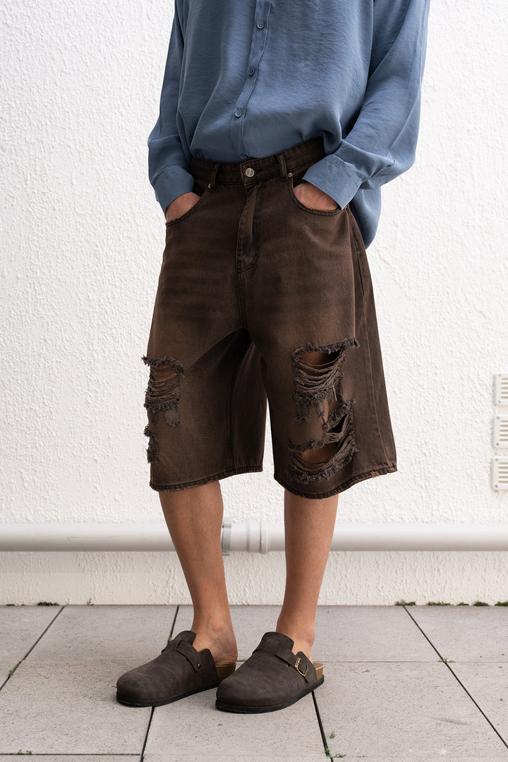 Giesto Short Jean Marron Déchiré - Marron