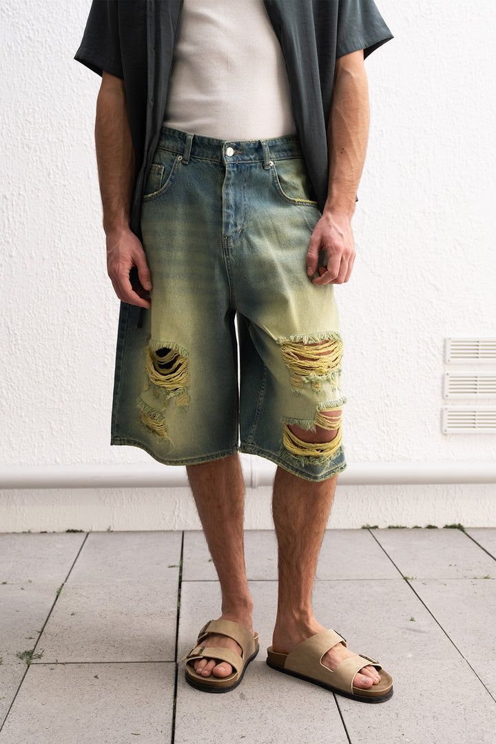 Giesto Short Jean Vert Déchiré - Vert