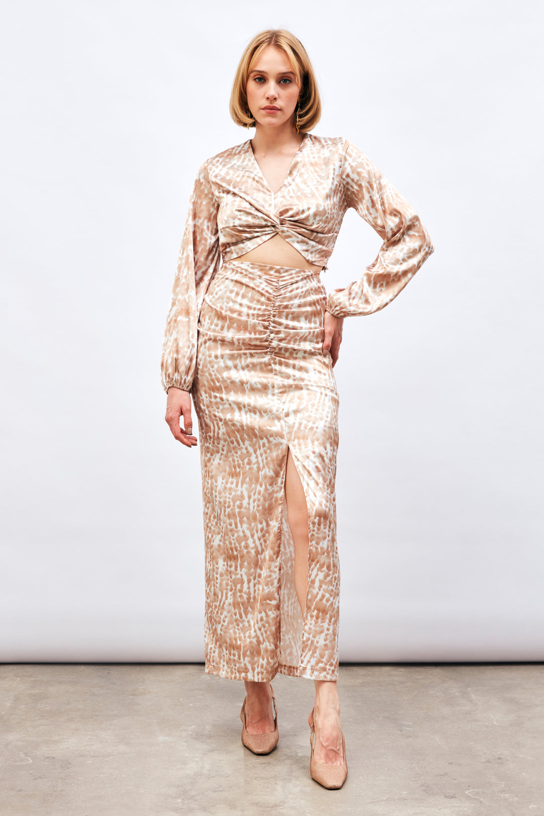 Sateen Jupe Longue à Motifs avec Fente - Marron