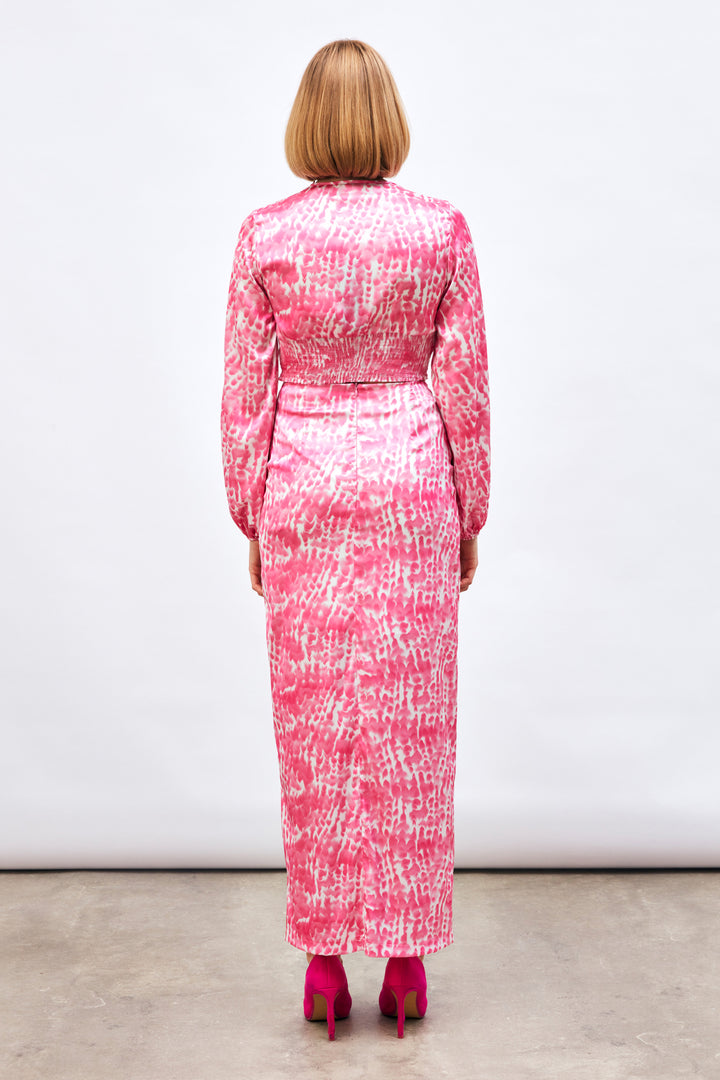 Sateen Jupe Longue à Motifs avec Fente - Rose