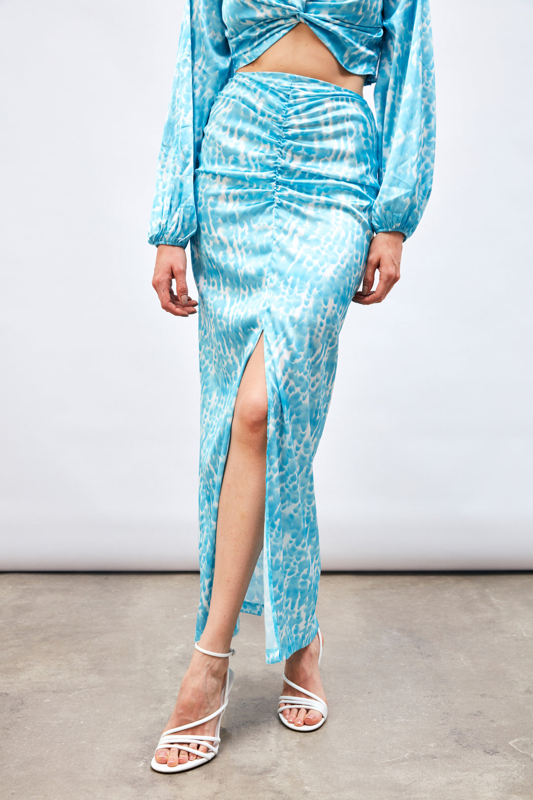 Sateen Jupe Longue à Motifs avec Fente - Turquoise