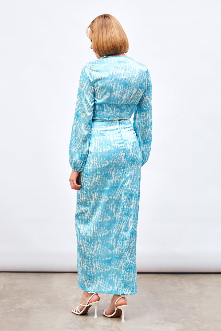 Sateen Jupe Longue à Motifs avec Fente - Turquoise