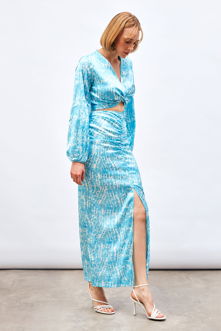 Sateen Jupe Longue à Motifs avec Fente - Turquoise