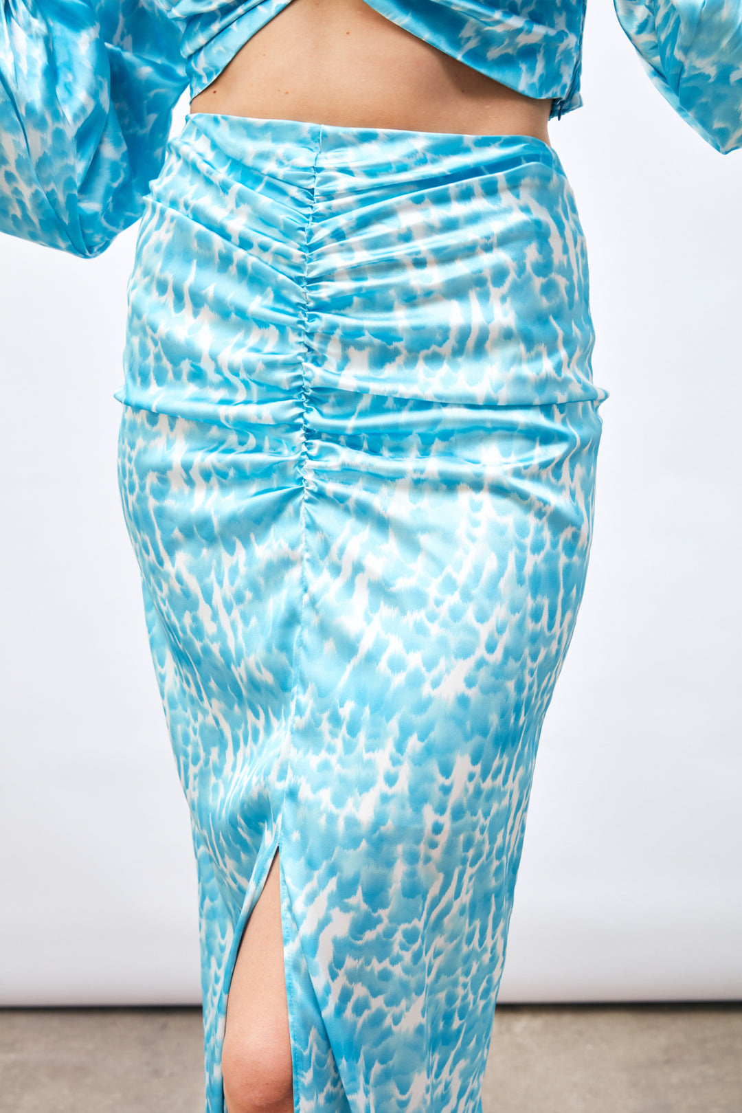 Sateen Jupe Longue à Motifs avec Fente - Turquoise