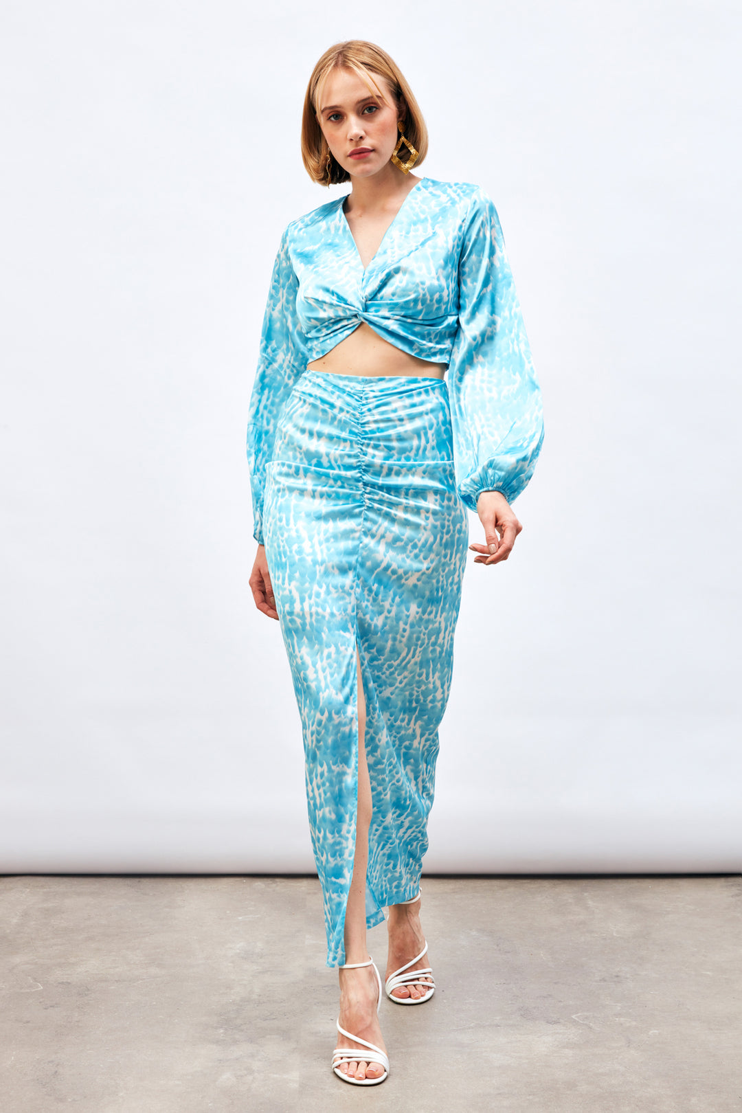 Sateen Jupe Longue à Motifs avec Fente - Turquoise