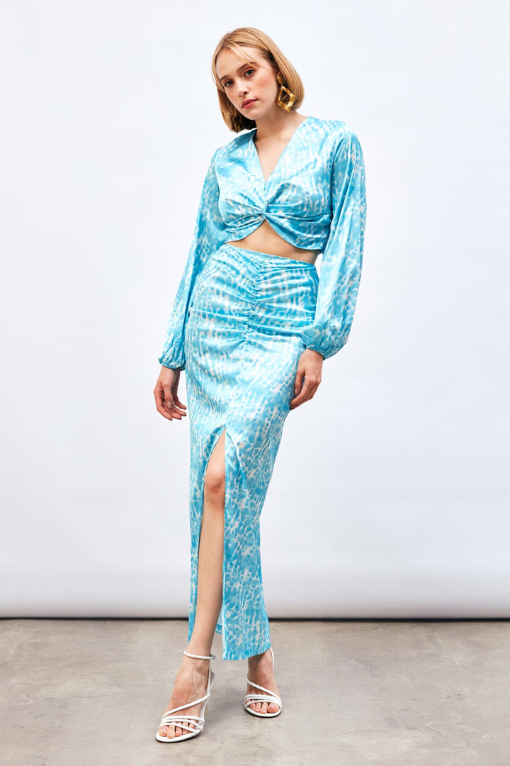 Sateen Jupe Longue à Motifs avec Fente - Turquoise