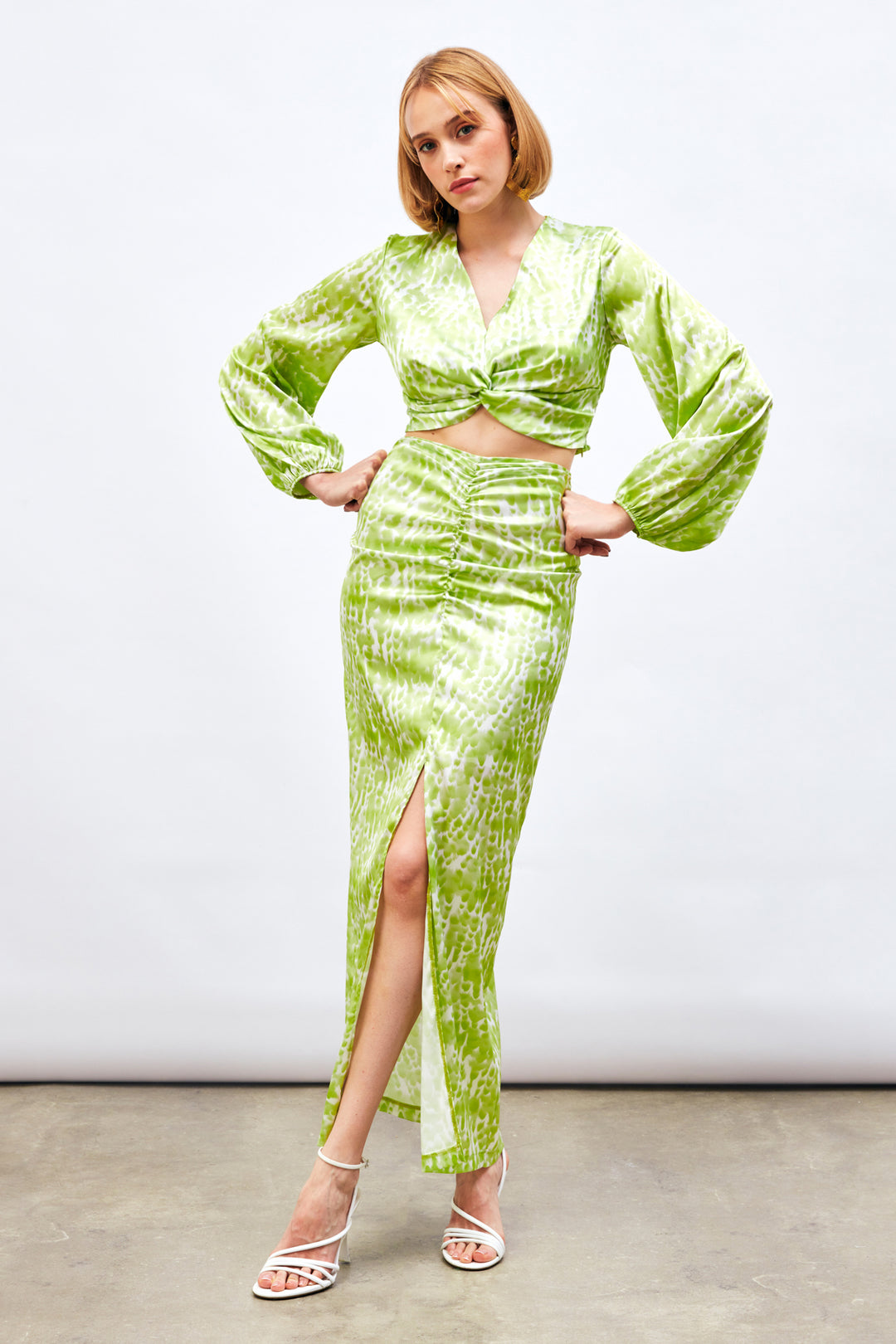 Sateen Jupe Longue à Motifs avec Fente - yag Vert
