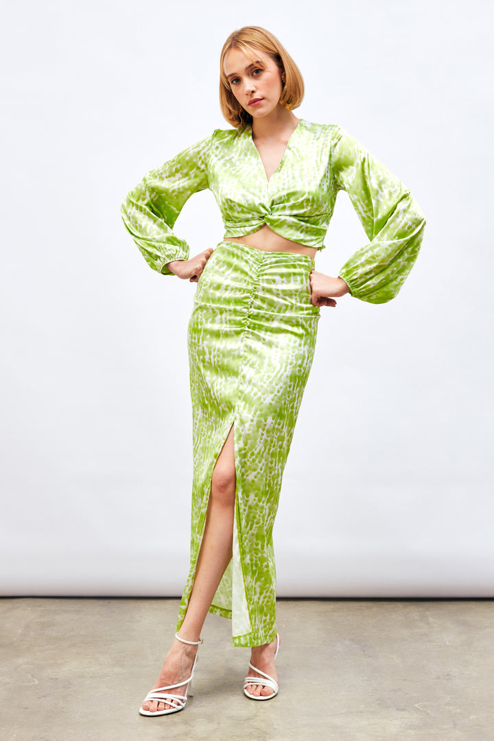 Sateen Jupe Longue à Motifs avec Fente - yag Vert