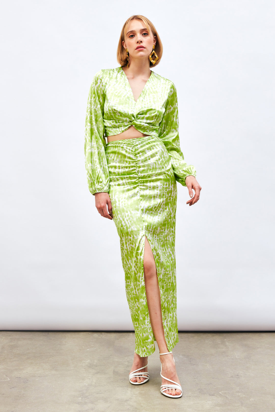 Sateen Jupe Longue à Motifs avec Fente - yag Vert