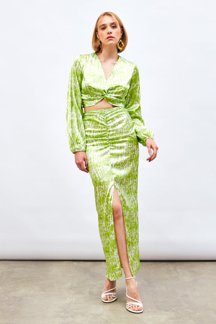 Sateen Jupe Longue à Motifs avec Fente - yag Vert