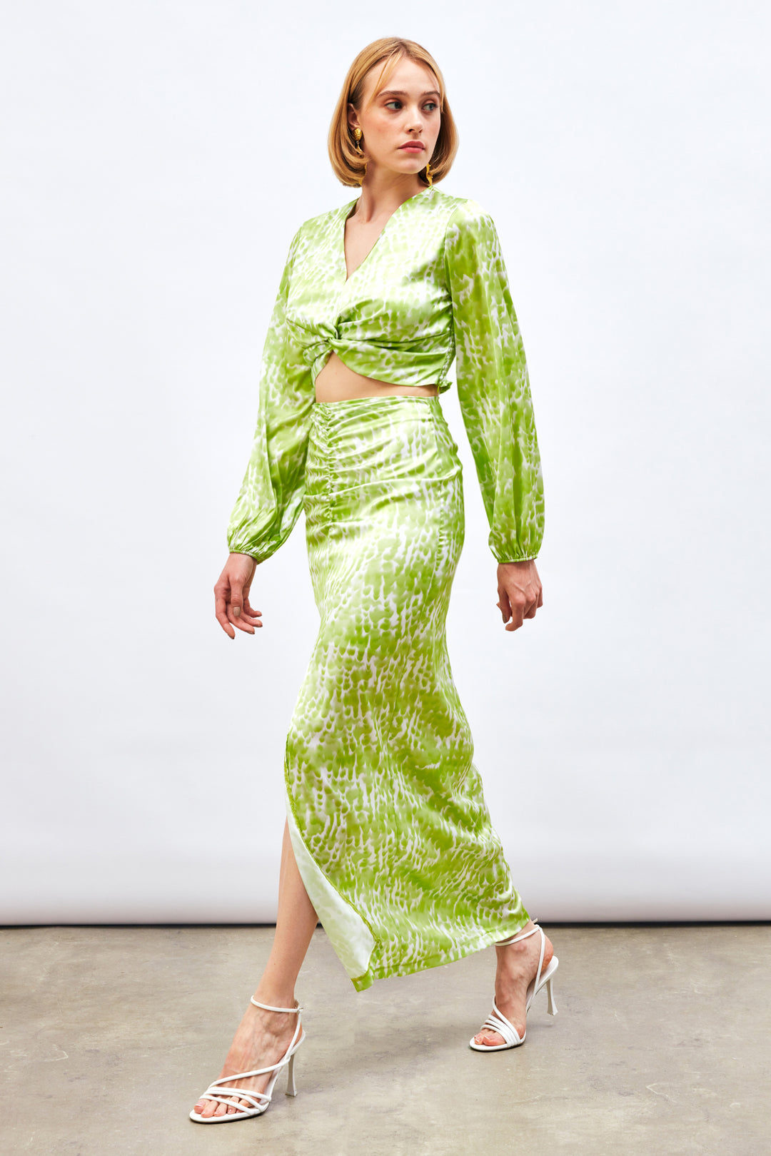 Sateen Jupe Longue à Motifs avec Fente - yag Vert