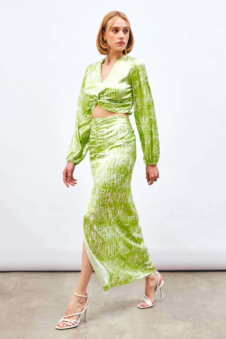 Sateen Jupe Longue à Motifs avec Fente - yag Vert