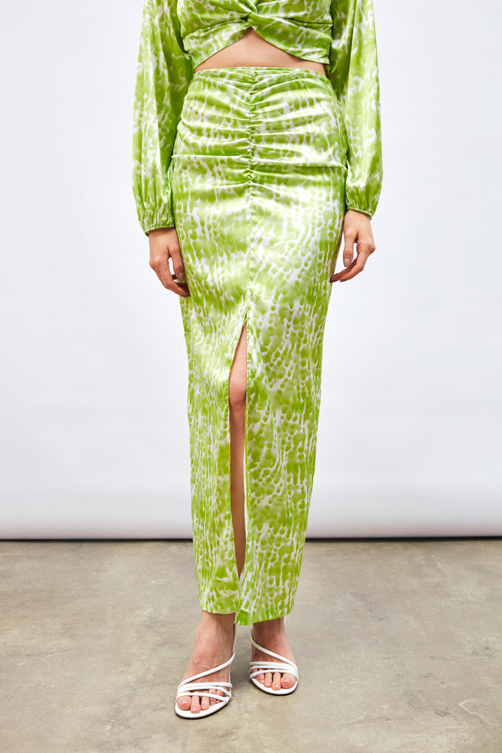 Sateen Jupe Longue à Motifs avec Fente - yag Vert