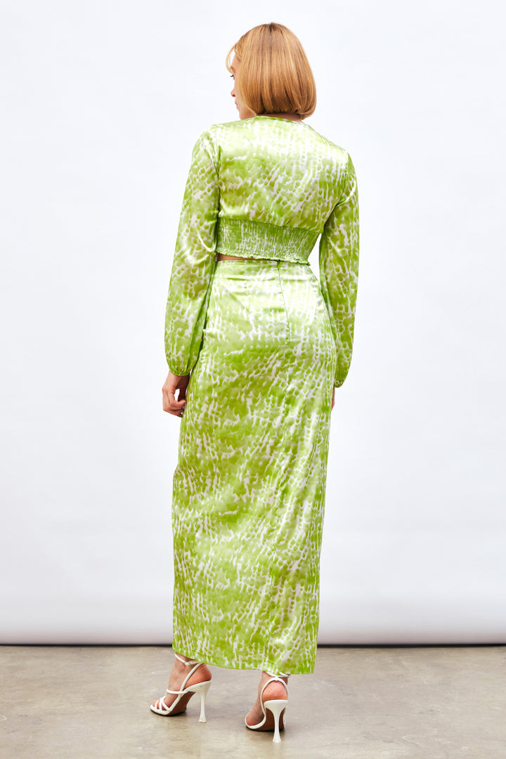 Sateen Jupe Longue à Motifs avec Fente - yag Vert