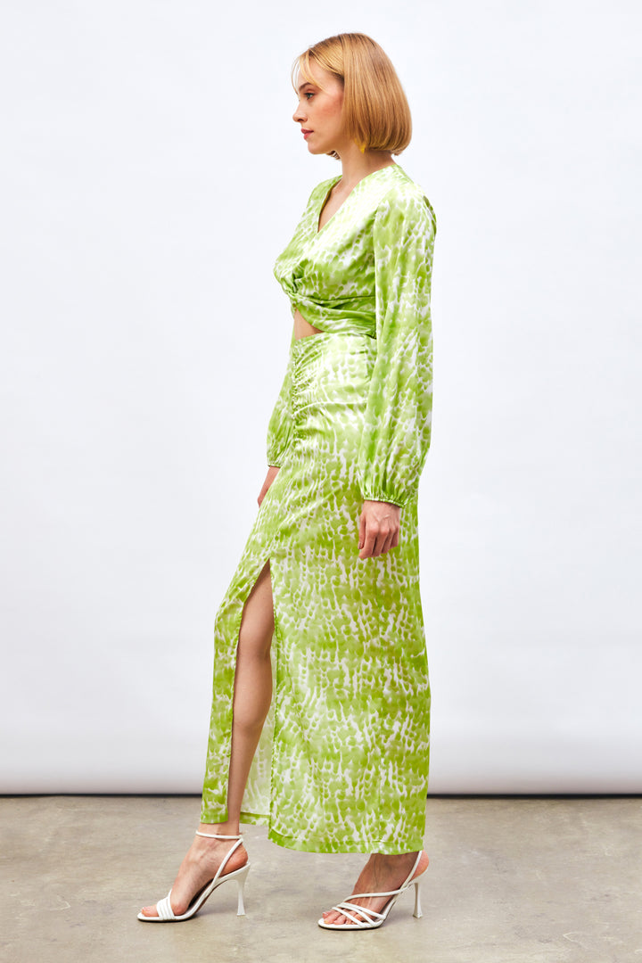 Sateen Jupe Longue à Motifs avec Fente - yag Vert