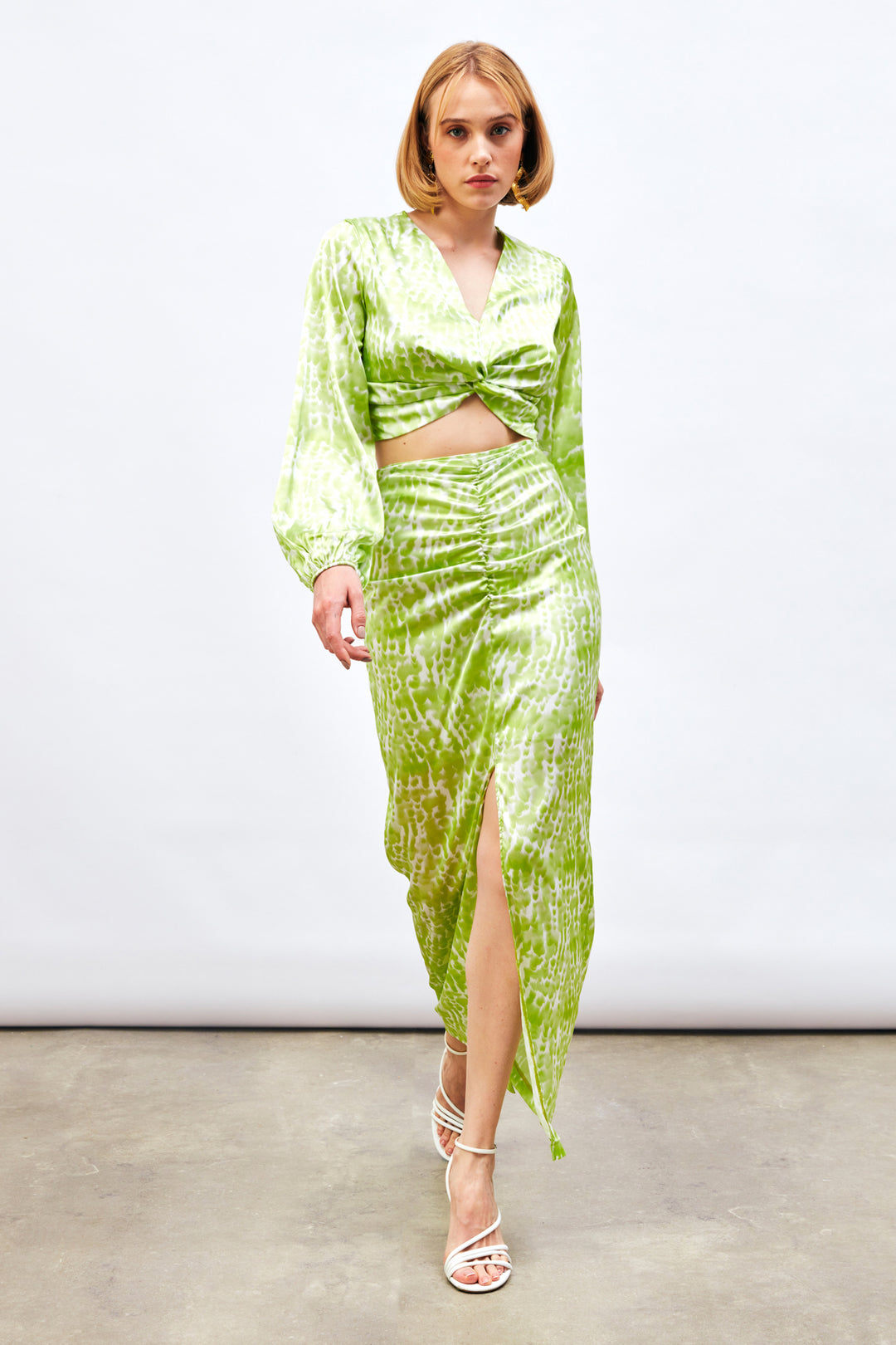 Sateen Jupe Longue à Motifs avec Fente - yag Vert