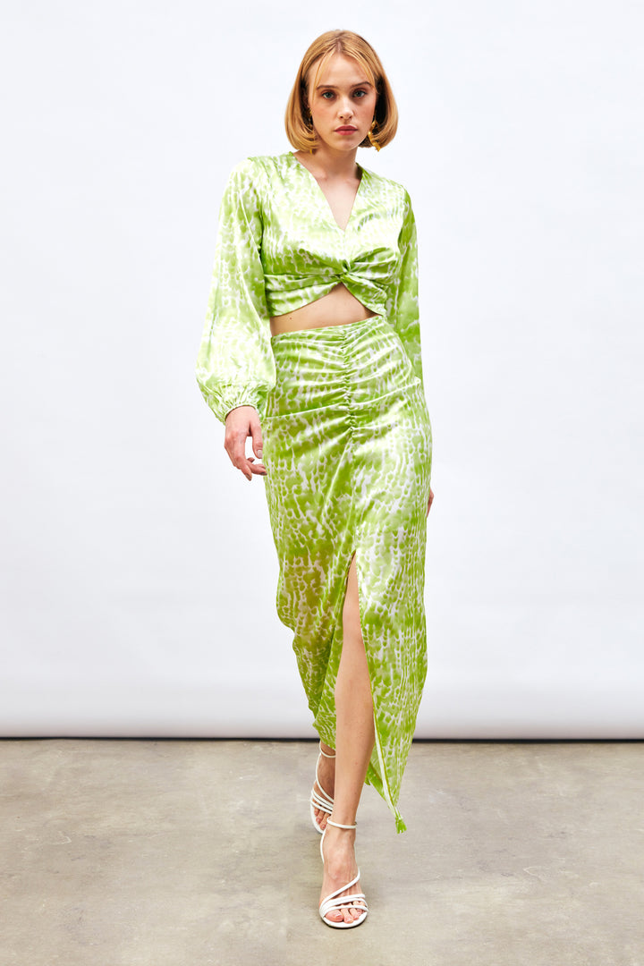 Sateen Jupe Longue à Motifs avec Fente - yag Vert