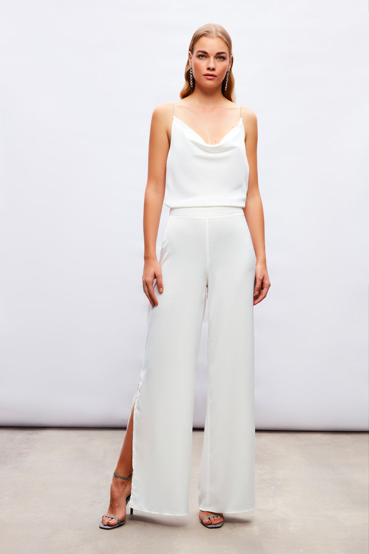 Sateen Pantalon en Satin avec Détail d'Ouverture - Écru