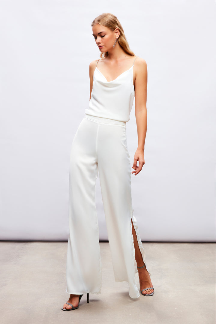 Sateen Pantalon en Satin avec Détail d'Ouverture - Écru