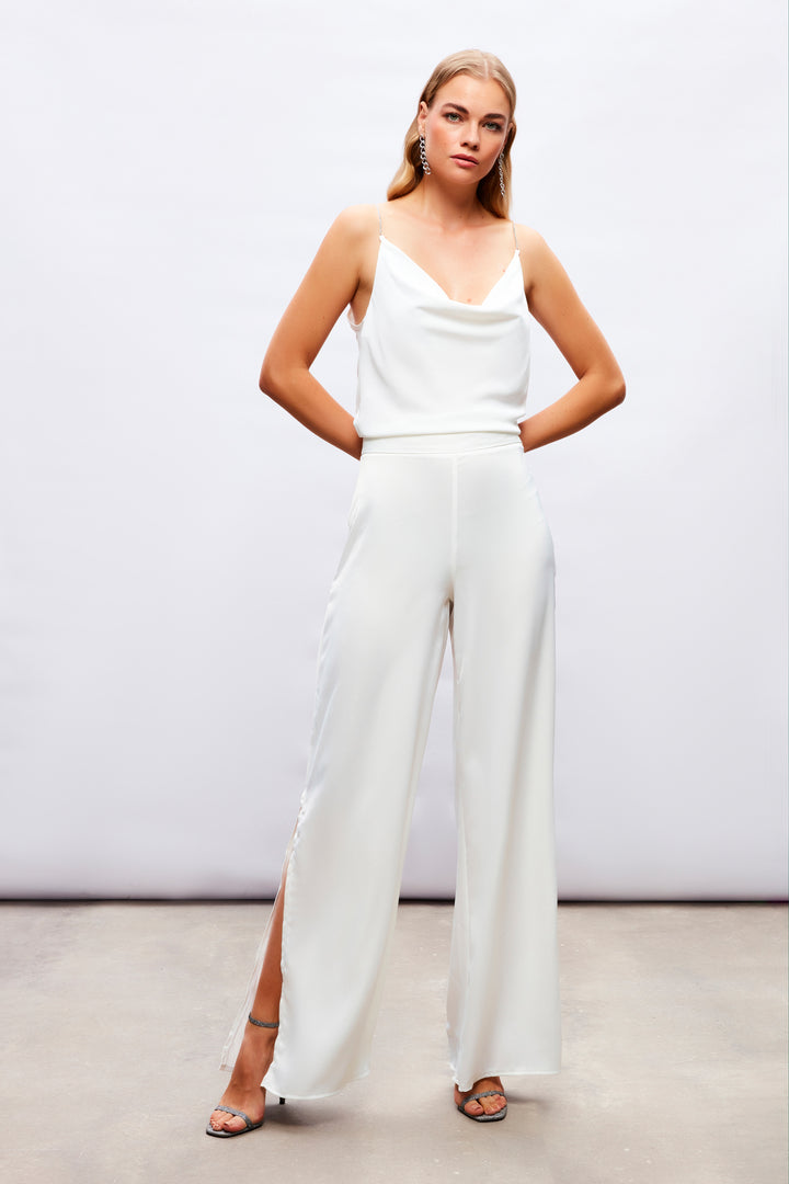 Sateen Pantalon en Satin avec Détail d'Ouverture - Écru
