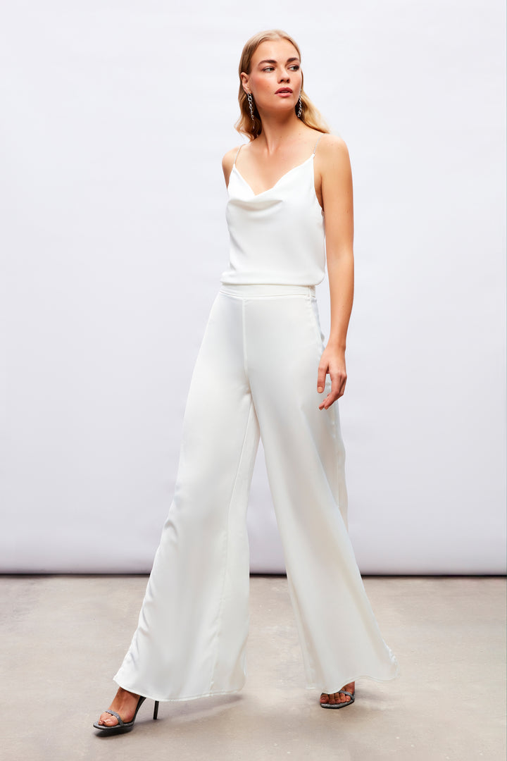 Sateen Pantalon en Satin avec Détail d'Ouverture - Écru