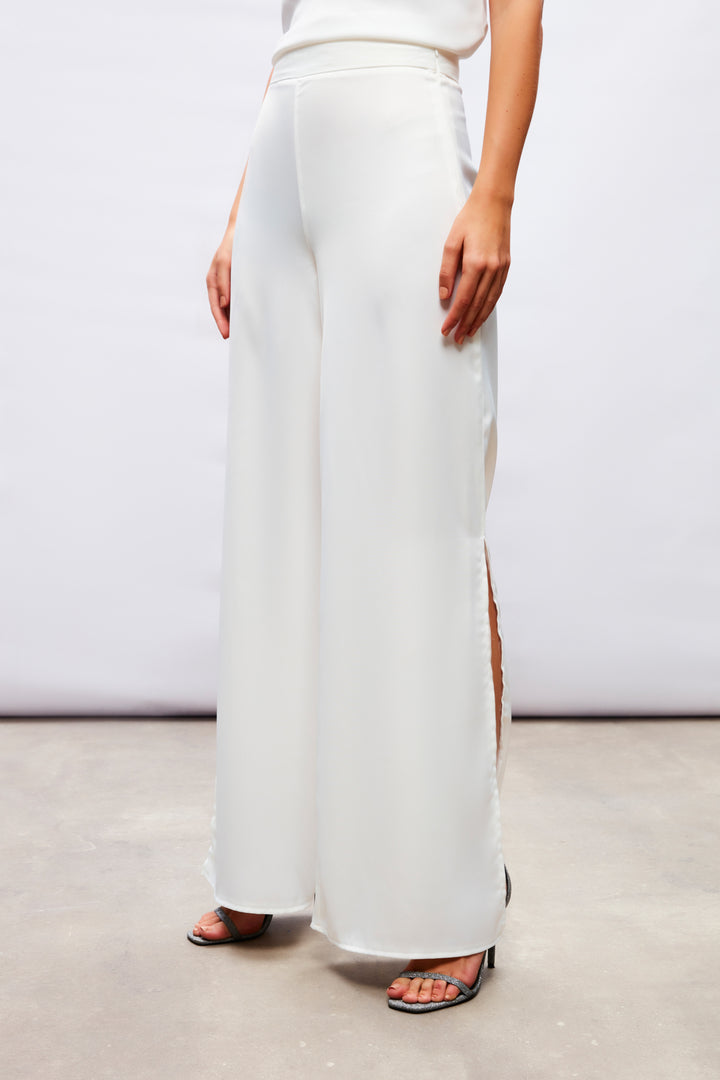 Sateen Pantalon en Satin avec Détail d'Ouverture - Écru