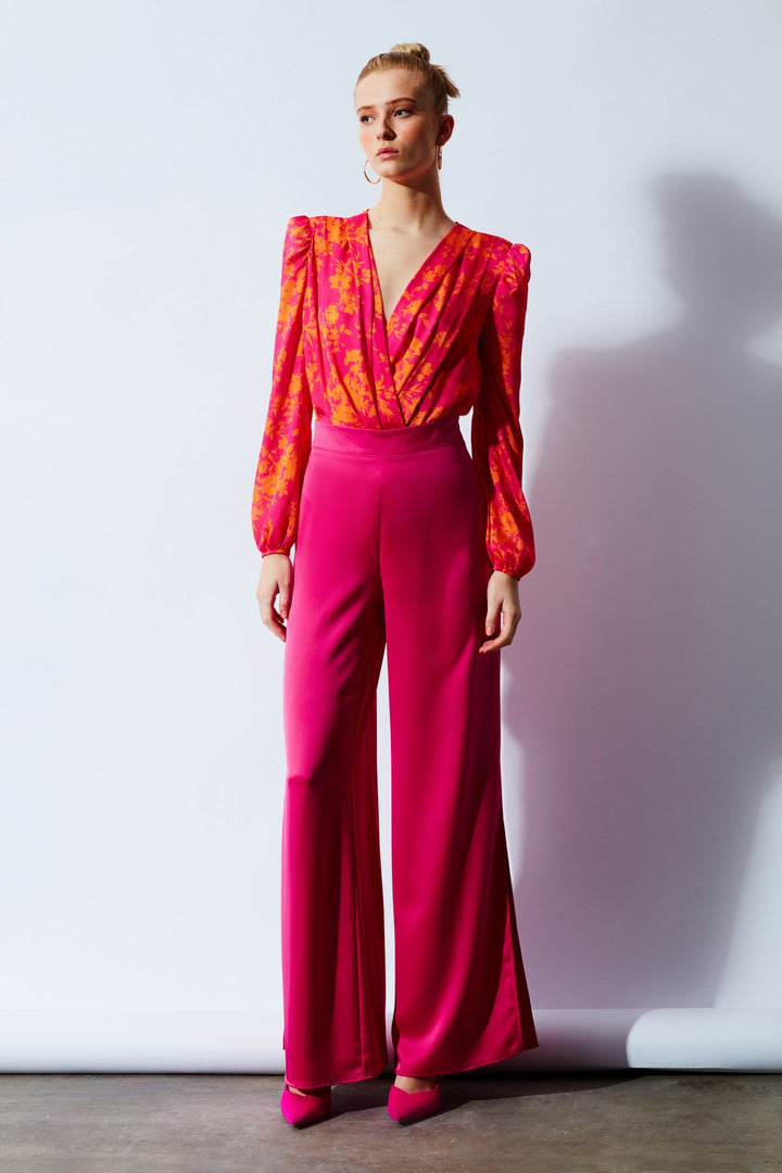 Sateen Pantalon en satin avec fente - Fuchsia