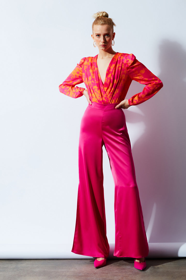 Sateen Pantalon en satin avec fente - Fuchsia