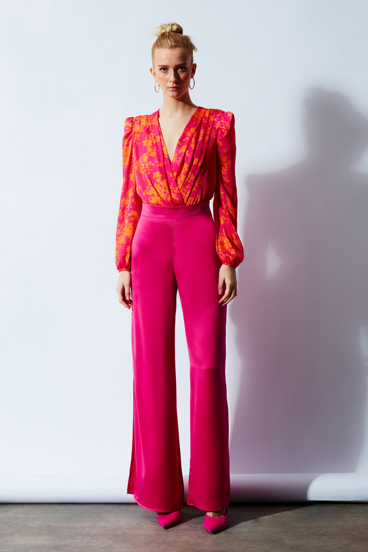 Sateen Pantalon en satin avec fente - Fuchsia