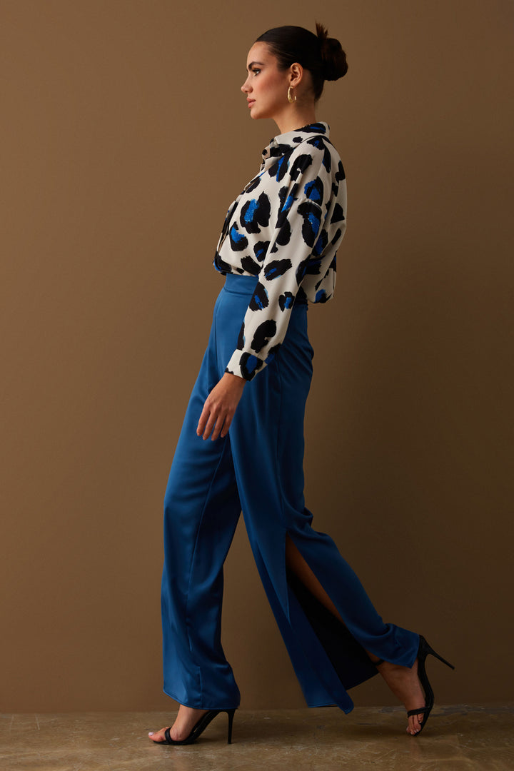 Sateen Pantalon en Satin avec Fente - Indigo