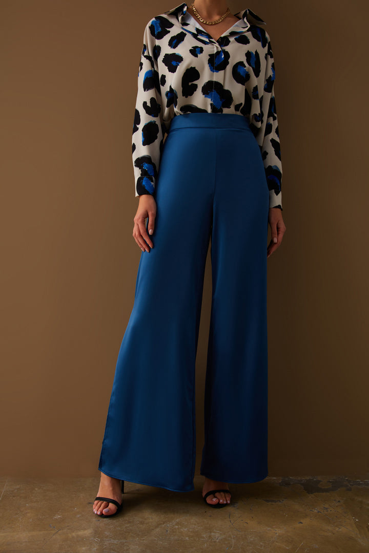 Sateen Pantalon en Satin avec Fente - Indigo