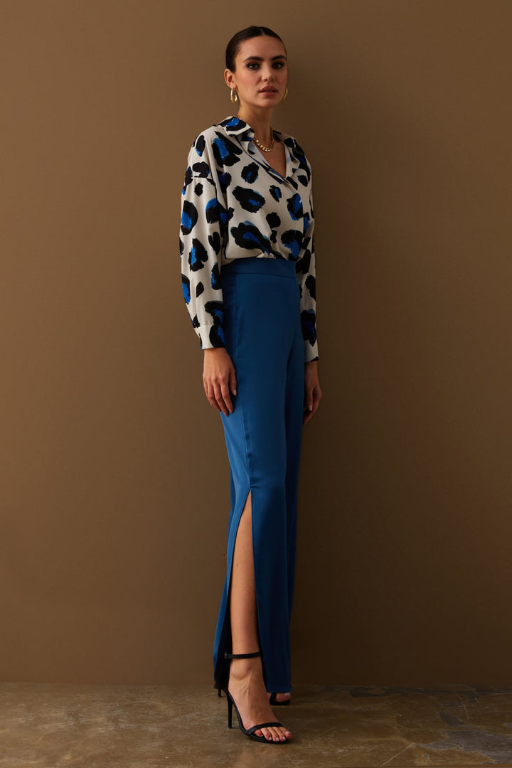 Sateen Pantalon en Satin avec Fente - Indigo