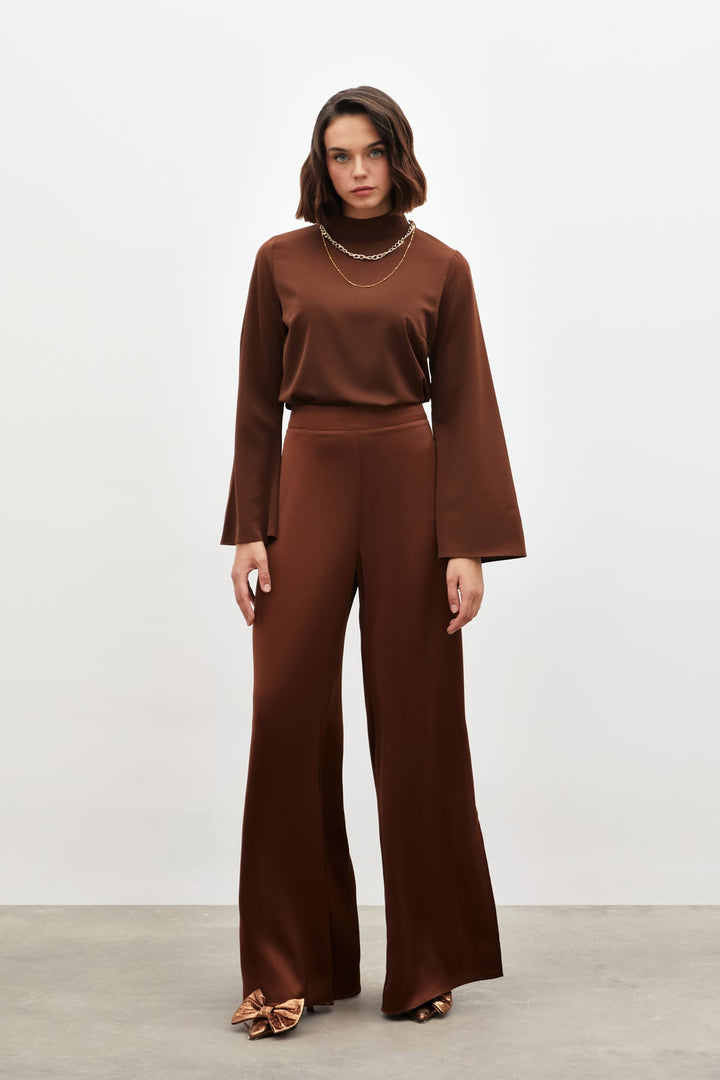 Sateen Pantalon satiné avec fente - Marron