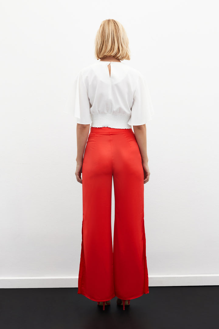 Sateen Pantalon en Satin avec Détail d'Ouverture - Corail