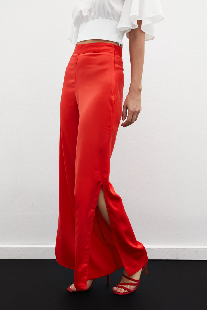 Sateen Pantalon en Satin avec Détail d'Ouverture - Corail
